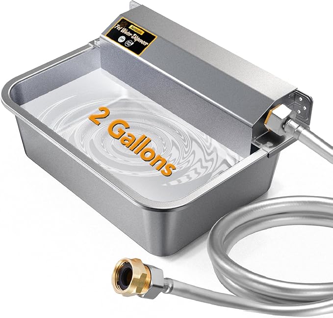 Automatic Water Dispenser for Dogs 2 Gallons, 304 Stainless Steel Dog Water Bowl Dispenser for Farm Chicken Pets Indoor&Outdoor Dog Waterer Feeder Fit 3/4'' GHT Faucet Auto Filling Wide Drinking Area