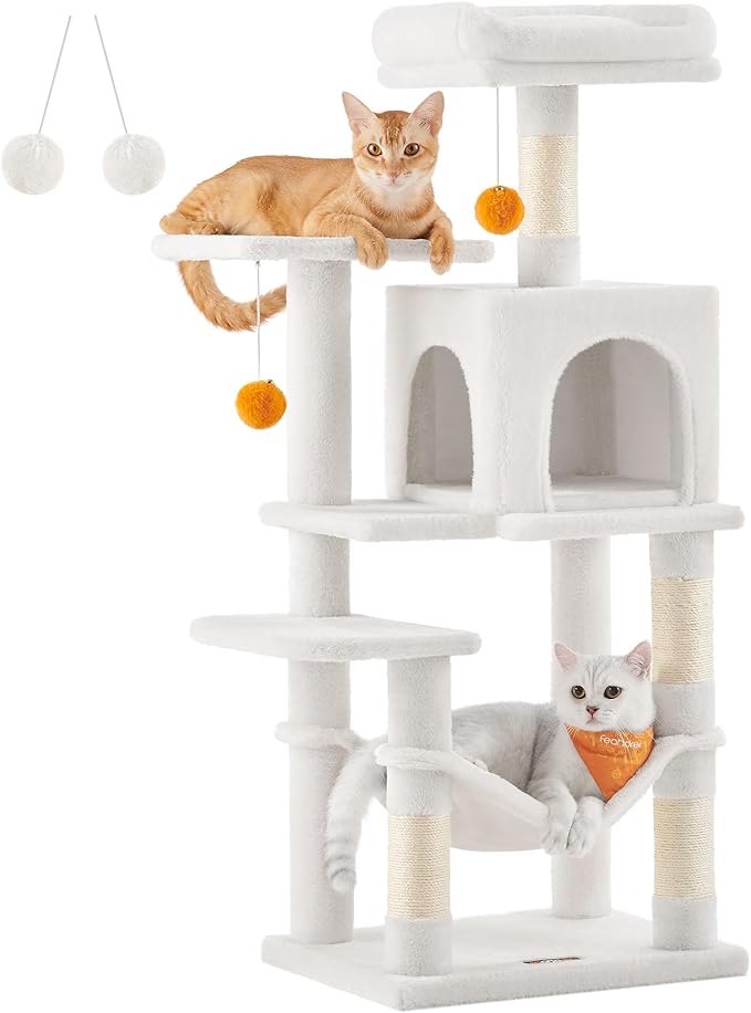 Feandrea Cat Tree, 44.1-Inch Cat Tower for Indoor Cats, Multi-Level Cat Condo with 4 Scratching Posts, 2 Perches, Hammock, Cave, Cream White UPCT261T01