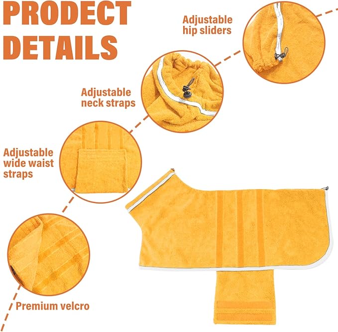 Dog Robe - Fast Drying Towel - Microfiber Super Absorbent Pet Bathrobe, Adjustable Collar & Belly Strap (Yellow, Medium)