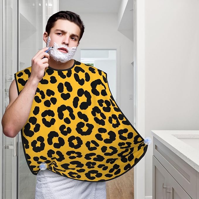 Adjustable Beard Catcher Apron, Wild Animal Cheetah Leopard Print Yellow Shave Bib, Non-Stick Waterproof Grooming Bib, Shaving Essential for Men Dad Christmas
