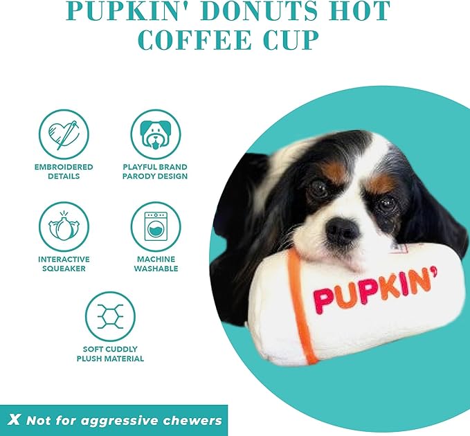 Haute Diggity Dog Pupkin' Donuts Hot Coffee Cup Plush Dog Toy for Small, Medium & Large Dogs, Interactive Funny Parody Squeaky Toys, Soft, Durable, Machine-Washable, Safe & Cute Birthday Gift for Dogs