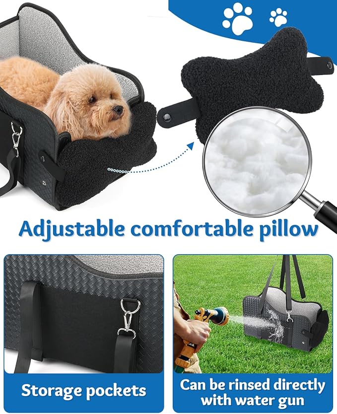 Center Console Dog Car Seat, Pet Car Seat, Armrest Middle Console Booster Travel Carrier for Small Dogs and Cats(Black Leather)