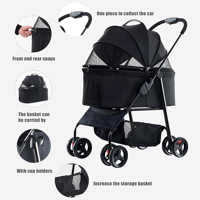 3-in-1 Pet Stroller for Small/Medium Dogs&Cats, 4 Wheels Lightweight Dog Stroller with Detachable Carrier, Storage Basket and Cup Holder, One-Click Folding Pet Travel Carrier for Car Seat & Hand Carry