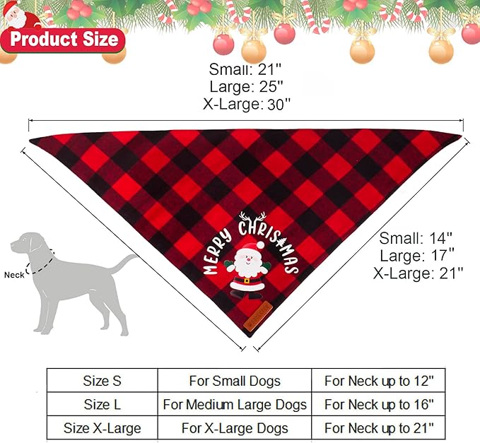 ADOGGYGO Christmas Dog Bandanas, Red Green Plaid Pet Scarf, Premium Cotton Fabric, Xmas Santa Snowman Christmas Bandanas for Extra Large Dogs Pets (X-Large)