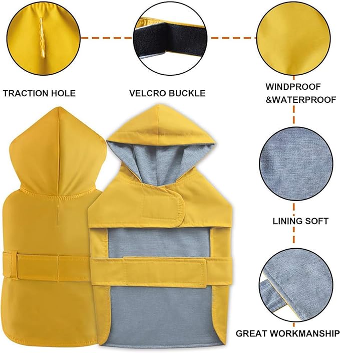 Dog Raincoat Dog Rain Jacket Poncho Waterproof Pet Rain Suit Double Layer Warm Lining Hooded Leash Hole Adjustable Puppy Small Medium Dogs,Yellow,L