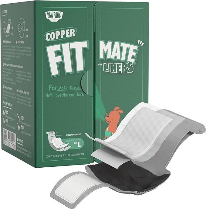 PAWPANG Copper Fit Mate Washable Male Dog Belly Band Kit – 1 Reusable Male Wrap with 15 Dog Diaper Liners, Ideal for Senior Dogs, Incontinence, and Marking, L