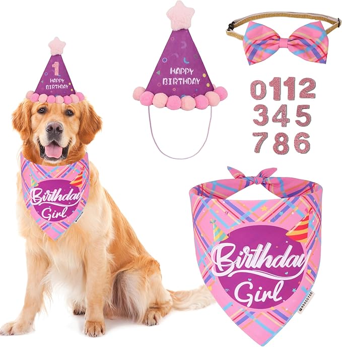 ADOGGYGO Dog Birthday Party Supplies, Pink Birthday Girl Pet Bandana Hat Bowtie Set for Large and Extra Large Dogs (X-Large)