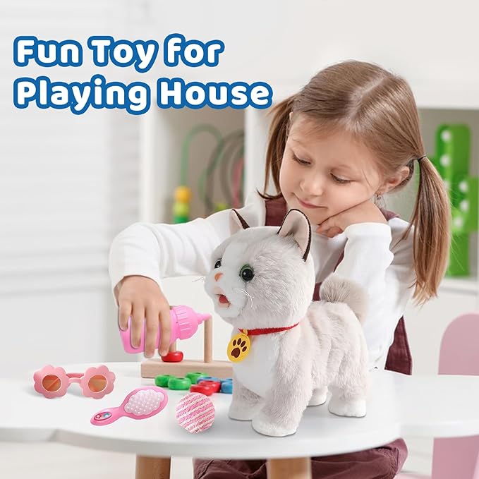 Walking Cat Set Interactive Talking Toy Kitten Repeat What You Say Robot Cat Toy for Girl Singing Dancing Touch Control with Leash Wagging Tail Nodding Plush Electric Ragdoll Kitty for Kid