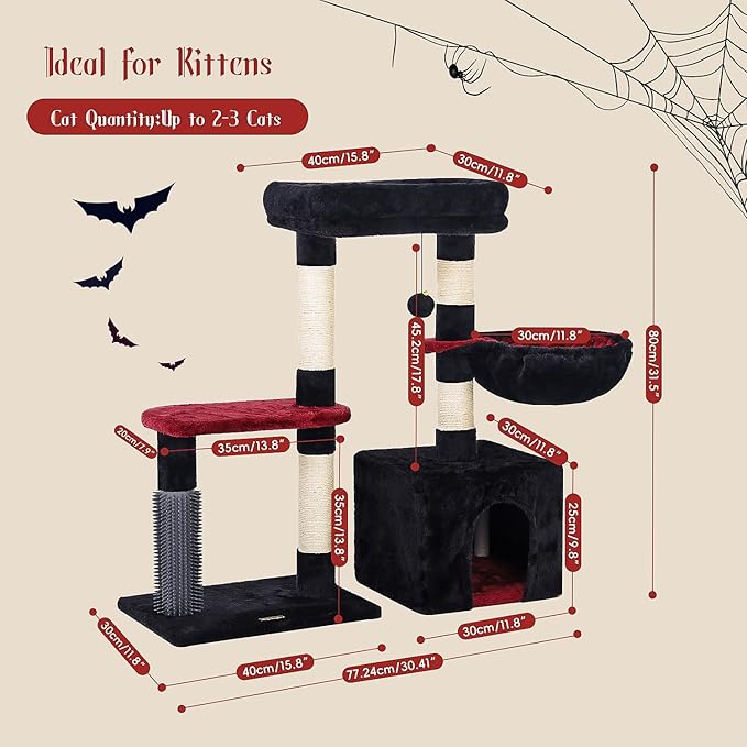 Hoopet 32-Inch Gothic Cat Tree for Indoor Cats – Black & Red Small Cat Tower with Sisal Scratching Posts, Cozy Condo, Plush Perch & Dangling Ball – Ideal for Kittens & Small Cats