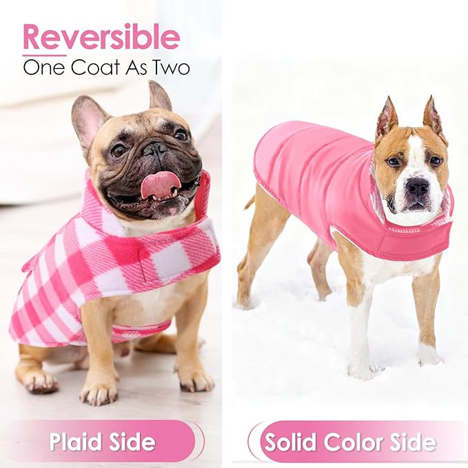 AOFITEE Dog Coat Plaid Dog Winter Coat for Large Dogs, Warm Dogs Jacket Christmas Sweater, Waterproof Pet Puffer Jacket, Reversible Pet Cold Weather Coats for Small Medium Large Pets, Pink XXL