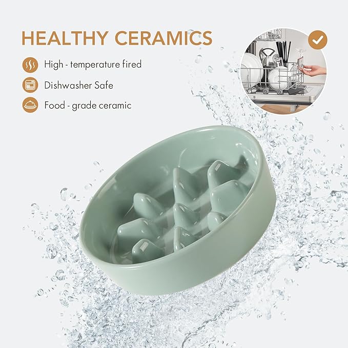 Ceramic 1.2 Cup Raised Slow Feeder Dog Bowl Set, Elevated 6.1inch Bowl and 7.3inch Slow Pet Food Dish with Wooden Stand for Small and Medium Dog (2 x Light Green+ Stand)