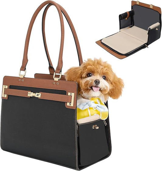 2-in-1 Stylish Dog Purse Carrier Soft-Sided Carriers Travel Tote Bag for Small Dogs Cats, Fashion Foldable Pet Bag for Puppies Small Animals with Pockets (Black+Brown, 15" L x 7.5" W x 12.2" H)
