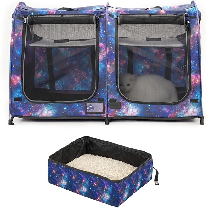 Mispace Portable Twin Compartment Show House Cat Cage/Condo - Easy to Fold & Carry Kennel - Comfy Puppy Home & Dog Travel Crate with Portable Carry Bag/Two Hammocks/Mats and Collapsible Litter Box