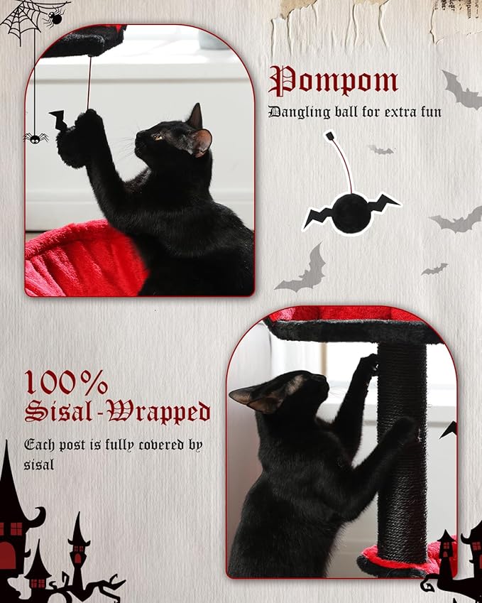Gothic Cat Tree with Coffin Bed, Spooky Cat Tree with Black Scratching Posts & Halloween Cat Tower & Large Hammock for Small Kittens, Cat Toy Black Bat Included