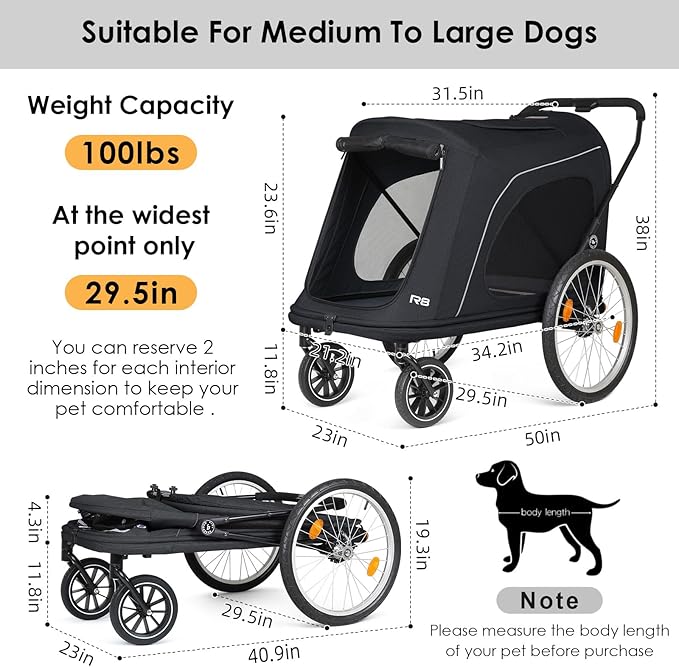 R8 Pro Extra Large Foldable Pet Stroller, Dog Stroller & Pet Trailer for Large Dogs Under 100 lbs, Unmovable, Disabled & Pregnant Dogs - Conveniently Carriable by Bike and Car, Black