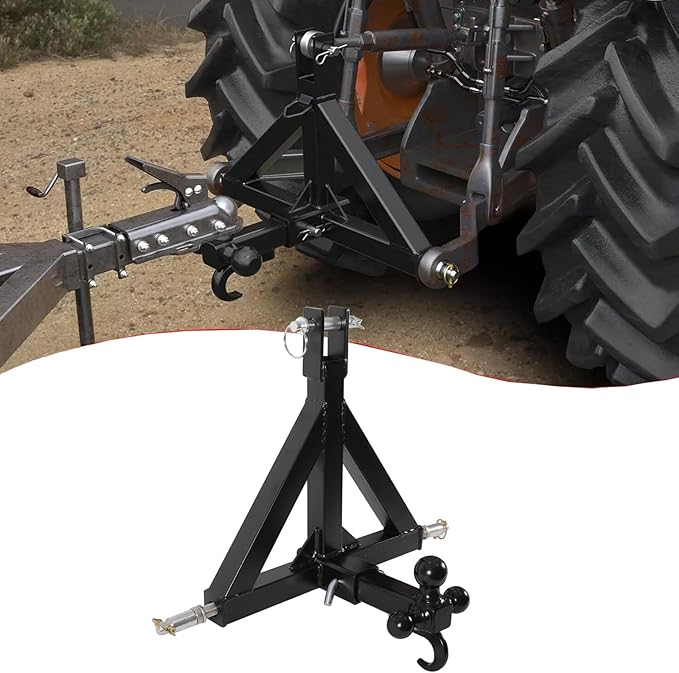 3 Point Trailer Hitch with 2" Receiver and Towing Hook - Heavy Duty Drawbar Adapter for 3 Pt Farm Equipment and Subcompact Trailers, Compatible with Kubota, Yanmar, Kioti, and Cat Tractors