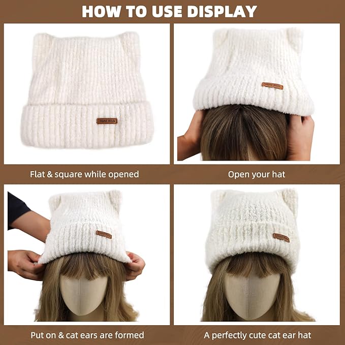 Cat Ear Beanie Cute White Cat Crochet Beanie Winter Warm Hat Knitted Cap for Women Girls
