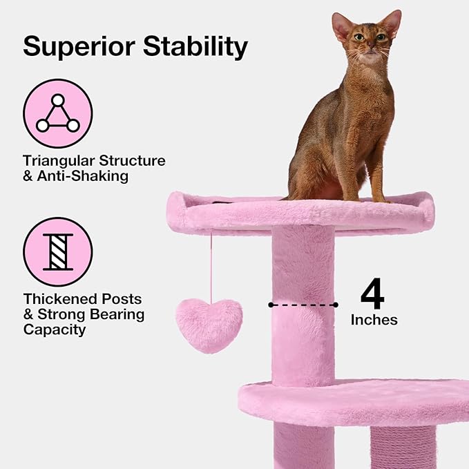 VETRESKA 40 inches Cat Tree for Indoor Cats, Multi Level Cat Tower with Cat Scratching Post, Cute Cat Climbing Tree with Dangling Toy for Cats, Pink