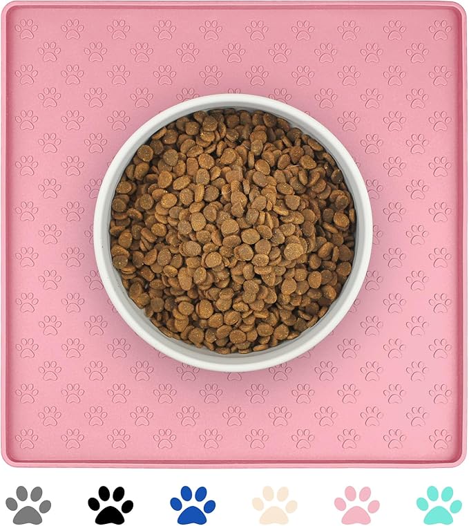 Ptlom Pet Placemat for Dog and Cat, Waterproof Non-Slip Silicone Feeding Bowl Mat Prevent Food and Water Overflow, Puppy Dish Feeder Fountain Trays Suitable for Medium and Small Pets, Pink