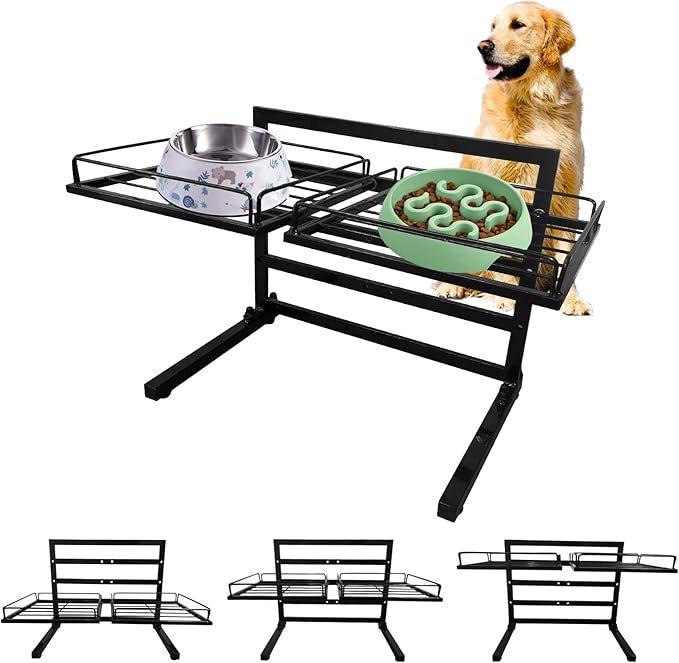 Elevated Dog Bowl Stand - Adjustable Holder with 3 Heights for Small to Large Dogs (For 2Pcs 9.8in Bowls)