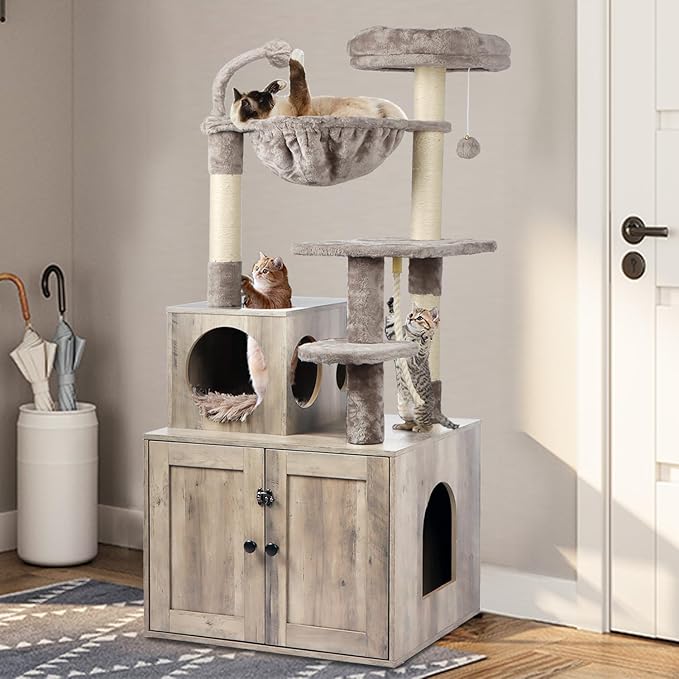 Cat Tree with Litter Box Enclosure, 2-in-1 Cat Tower for Indoor Cats, Large Wood Cat Condo with Basket, Scratching Posts, Pompoms, Grey