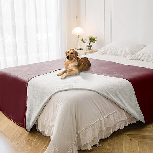 Waterproof Blanket for Bed Protection, Washable Dog Blankets for Couch, Soft Reversible Pet Throw Furniture Protector Cover for Sofa-82"x108",Burgundy Red+Cream
