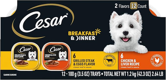 Cesar Wet Dog Food Classic Loaf in Sauce Breakfast and Dinner Mealtime Variety Pack, 3.5 oz. Easy Peel Trays (12 Count, Pack of 1)