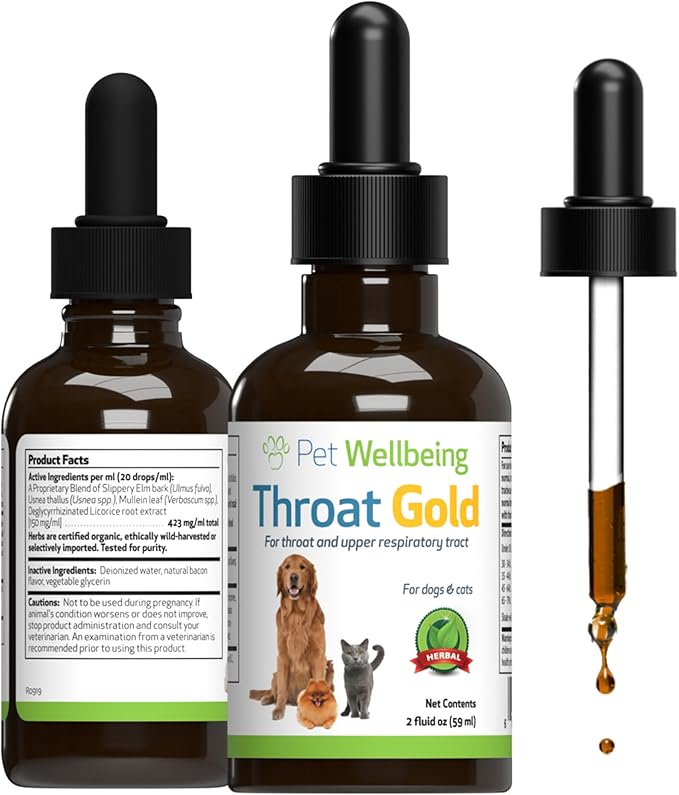 Pet Wellbeing Throat Gold for Dogs - Vet-Formulated - Soothes Throat Discomfort, Hoarseness, Leash Strain, Occasional Cough in Dogs - Natural Herbal Supplement 2 oz (59 ml)