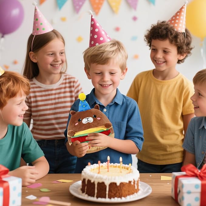 Hamburger Capybara Plush Stuffed Animal Capybara Plush Wear Birthday Hat Kawaii Stuffed Toys Soft Home Plushie Decoration Gifts for Boys Girls