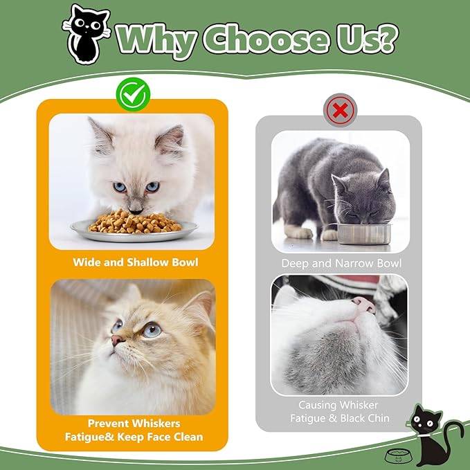 2-Pack Stainless Steel Cat Food Bowls – Shallow Whisker-Friendly Non-Slip Silicone Base,Easy to Clean Indoor Feeding Dishes(6.7")