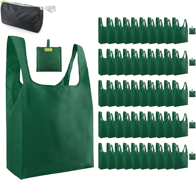 BeeGreen Christmas Green Reusable Grocery Bags Dark Green Reusable Kitchen Bags Bulk with Elastic Band Foldable-Machine Washable with Zipper Storage Pouch 50 Packs
