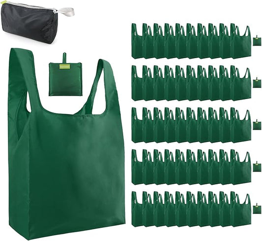 BeeGreen Christmas Green Reusable Grocery Bags Dark Green Reusable Kitchen Bags Bulk with Elastic Band Foldable-Machine Washable with Zipper Storage Pouch 50 Packs