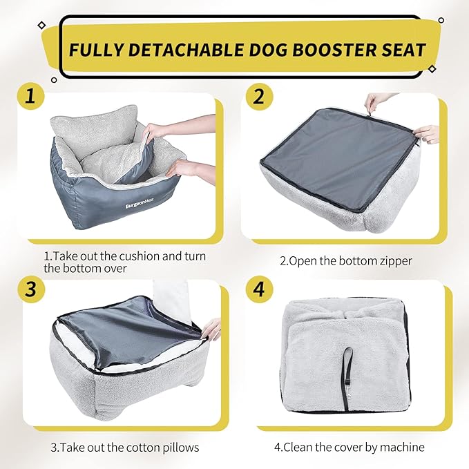 BurgeonNest Dog Car Seat for Small Dogs, Washable Soft Booster Seats for Small Pets Under 25 lbs, Portable Cat Carseat Travel Bed with Storage Pockets and Clip-On Leash, Grey