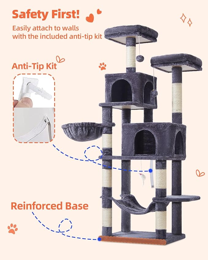 Taoqimiao Cat Tree, 66.2-Inch Cat Tower for Indoor Cats, Plush Multi-Level Cat Condo with 7 Scratching Posts, 2 Perches, 2 Caves, Hammock, 2 Pompoms, Smoky Gray MS013G