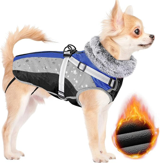 SlowTon Dog Jacket with Harness Built in - Waterproof Fleece Winter Warm Dog Coats for Small Medium Dogs, Reflective Adjustable Furry Puppy Vest Clothes for Outdoor Walking (Blue,XS)