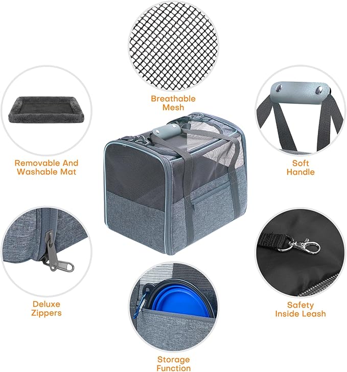 JUNGYOUN Premium Cat Carrier - Pet Carrier for Cat & Small Dogs up to 15lbs - Airline Approved Travel Dog Carrier with Anti-Escape Zippers, Collapsible Travel Bowl & Padded Strap