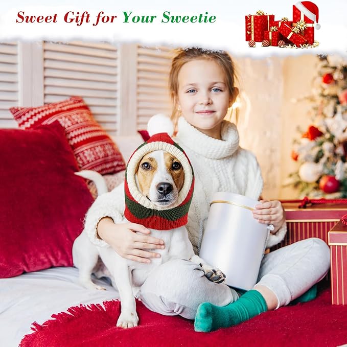 Pawaboo Christmas Pet Hat, Funny Knitted Pets Cap with Pompon, Cute Crocheted Snood Winter Warm Pet Hat, Neck Ear Warmer Hood Warm Scarf Xmas Decoration Santa Hats for Small Dogs, M, Red+Green