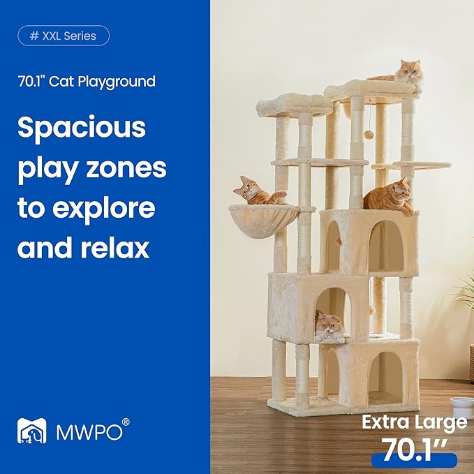 MWPO Extra Large Cat Tree - 70.1-Inch Tall Cat Tower with 3 Cat Condos, Multi-Level Cat Stand for Large Cats Featuring Scratching Posts, Padded Perches, Hammock, Dangling Toys, Beige