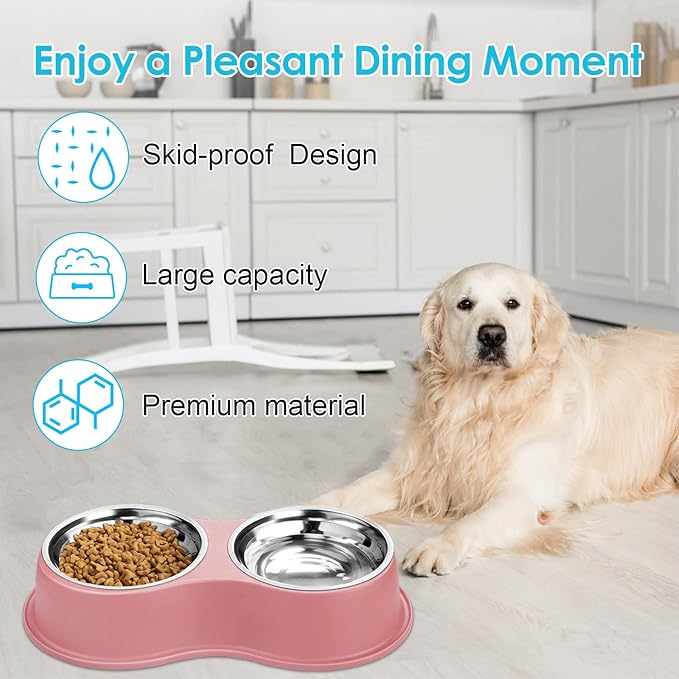 Dog Bowls Large Double Dog Water and Food Bowls Stainless Steel Bowls with Non-Slip Resin Station, Pet Feeder Bowls Food Dish for Small Medium Large Dogs Cats