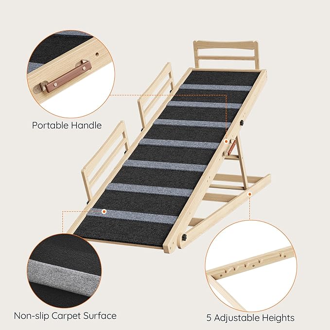 HOOBRO Dog Ramp for Bed, 63" Long Folding Pet Ramp with Non-Slip Mat and Safety Side Rails, 5 Height Adjustable up to 29.5", Wooden Dog Ramp for Couch, for Small/Large Dogs, Natural and Black NB46PT03