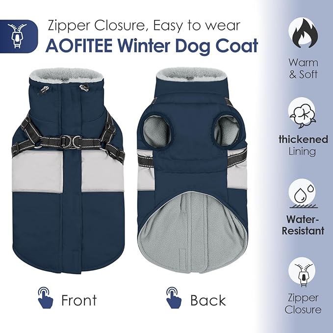 AOFITEE Dog Winter Coat, Dog Coat with Harness Built in, Dogs Jacket for Large Dogs, Reflective Waterproof Pet Puffer Jacket Snowsuit, Warm Fleece Windproof Pet Sweater for Cold Weather, XL