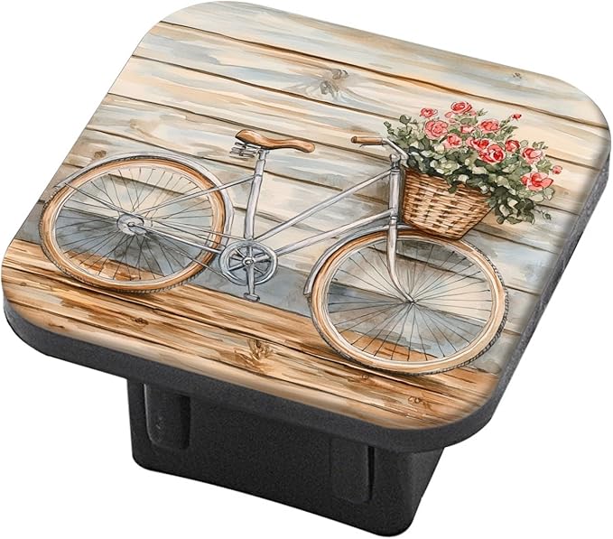 Hitch Cover Fits For 2-Inch Hitch,Bicycle With Flower - Filled Basket Against A Wooden Wall In Watercolor Rubber Trailer Hitch Cover Tube Plug Insert,Car Exterior Accessories, Receiver Tube Hitch Plug