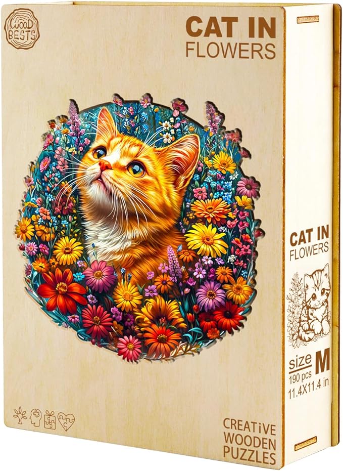 KAAYEE Wooden Puzzles for Adults, Cat in Flowers 190 Piece Unique Animal Shape Puzzle, Cat Wood Puzzle for Adults, Creative Gifts for Friends/Family, Home Decor(11.4 * 11.4in)