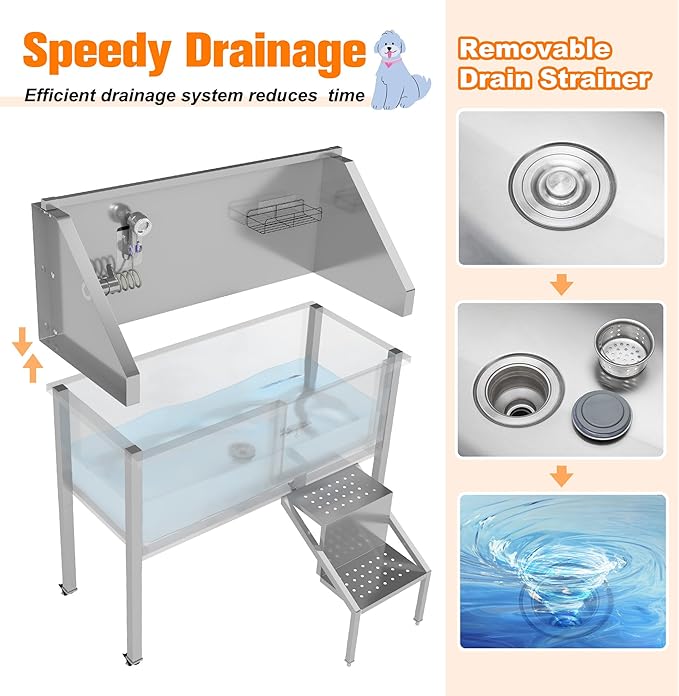 COZIWOW 56" Dog Washing Station, Large Dog Wash Station for Home, Stainless Steel Dog Grooming Tub, Professional Dog Bathing Station with Shower Hose, Washing Gloves, Floor Grate