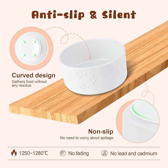 SPUNKYJUNKY Ceramic Elevated Dog Bowl Set with Acacia Wood Stand for Food and Water for Cats and Small Dogs (13.52 OZ, White, Dog Paw Pattern)