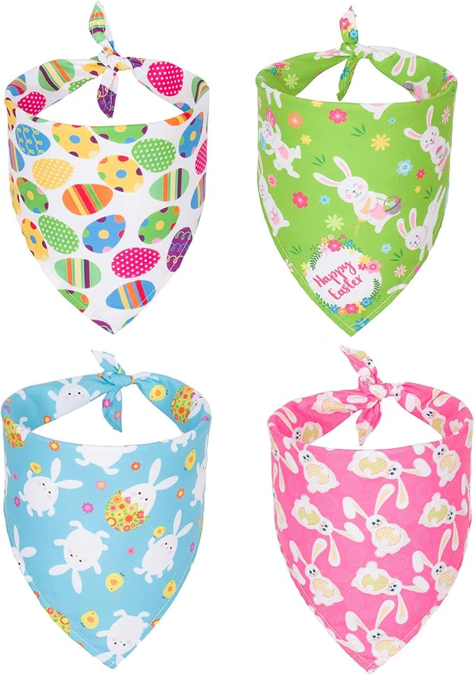 ADOGGYGO 4 Pack Easter Dog Bandana Triangle Dog Scarf Rabbit Easter Egg Pattern Pet Bandana for Small Dogs Pets (Small)