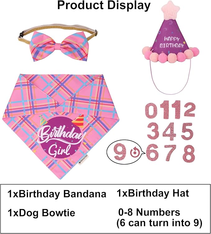 ADOGGYGO Dog Birthday Party Supplies, Pink Birthday Girl Pet Bandana Hat Bowtie Set for Medium Large Dogs (Large)