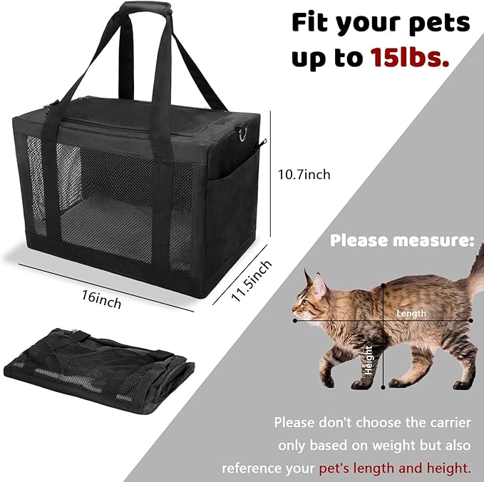 Soft Side Pet Carrier Bag with Shoulder Strap, Breathable Collapsible Mesh Cat Carrier for Cats and Dogs, TSA Airline Approved Travel Pet Carriers