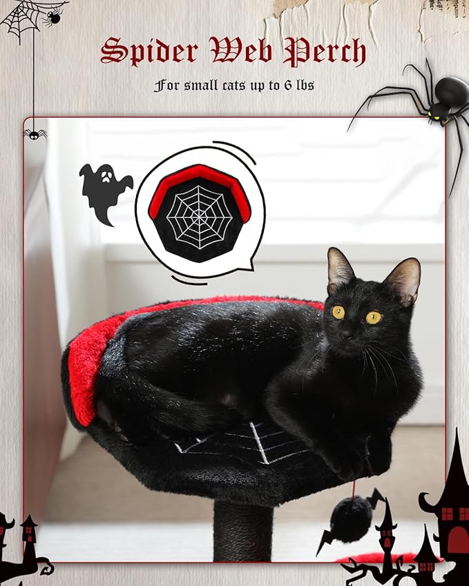Gothic Cat Tree with Coffin Bed, Spooky Cat Tree with Black Scratching Posts & Halloween Cat Tower & Large Hammock for Small Kittens, Cat Toy Black Bat Included