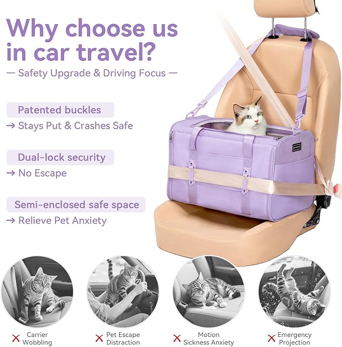 Petsfit 18 X 11 X 11 Airline Approved & Cat Car Carrier with Patent Safety Buckles, Escape-Proof Zippers & Mesh Side, Keeps Pets Secure in Cars, Comfy on Trips & Easy to Carry — Gift for Pet Lovers